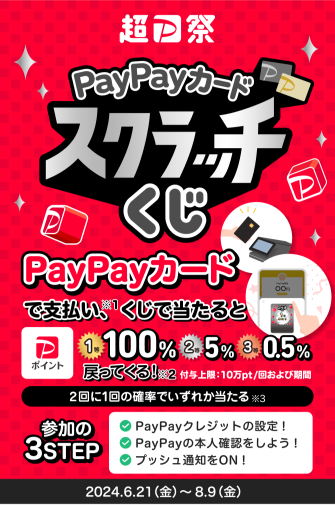 PayPayカードで支払い、※1くじで当たると1等100%2等5%3等0.5%戻ってくる！※2付与上限：10万pt/回および期間 2回に1回の確率でいずれか当たる※3 参加の3STEP PayPayクレジットの設定! PayPayの本人確認をしよう！ プッシュ通知をON！ 2024.6.21（金）〜8.9（金）